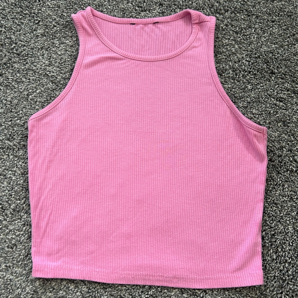 Pink Sleeveless Ribbed Tank Top